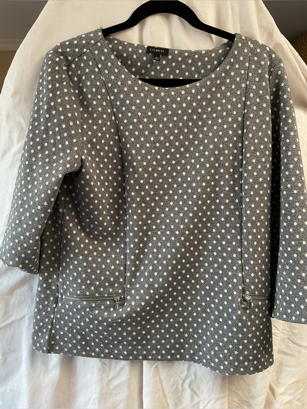 Talbots Gray Polka Dot Long Sleeve Girls' Top with Zip Pocket Detail